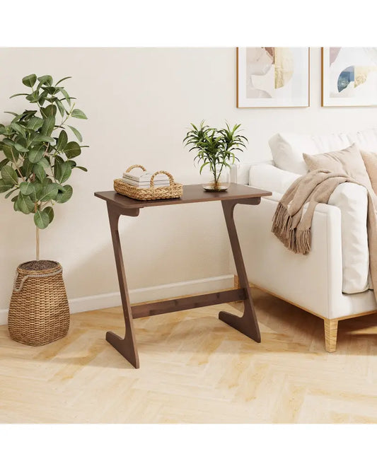 Bamboo Z-Shaped Spacious Sofa Side Table with Space-Saving Tabletop-Brown - Coffee - End & Side Tables
