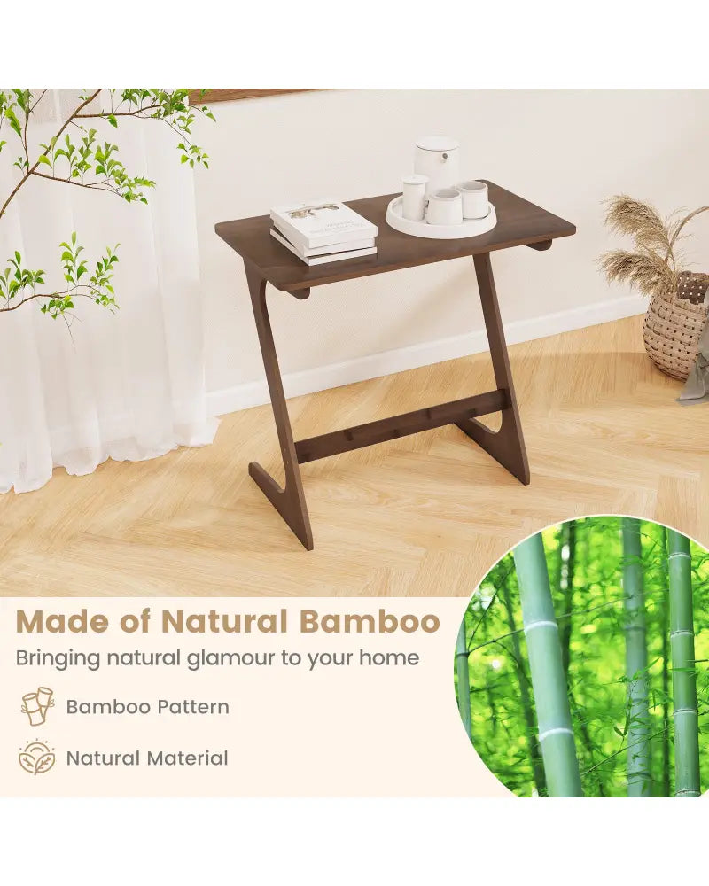 Bamboo Z-Shaped Spacious Sofa Side Table with Space-Saving Tabletop-Brown - Coffee - End & Side Tables