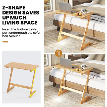 Bamboo Z-Shaped Spacious Sofa Side Table with Space-Saving Tabletop-Natural - Natural - End & Side Tables