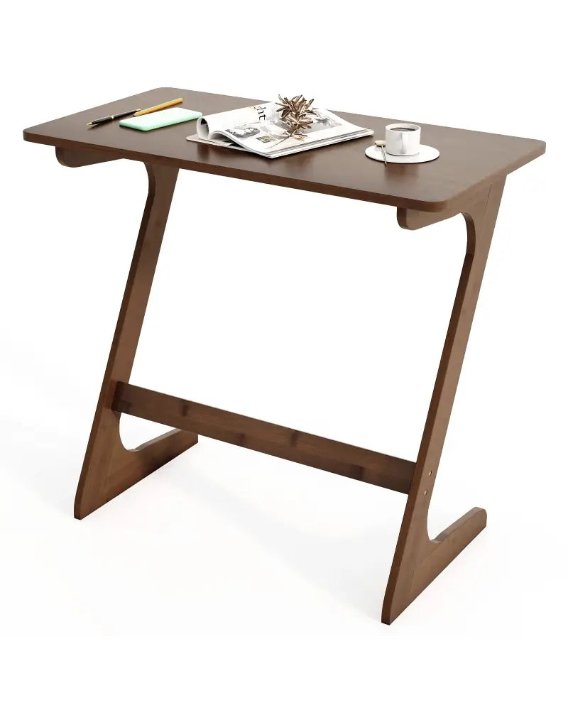 Bamboo Z-Shaped Spacious Sofa Side Table with Space-Saving Tabletop-Brown - Coffee - End & Side Tables