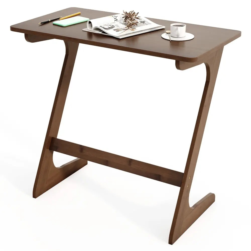 Bamboo Z-Shaped Spacious Sofa Side Table with Space-Saving Tabletop-Brown - Coffee - End & Side Tables
