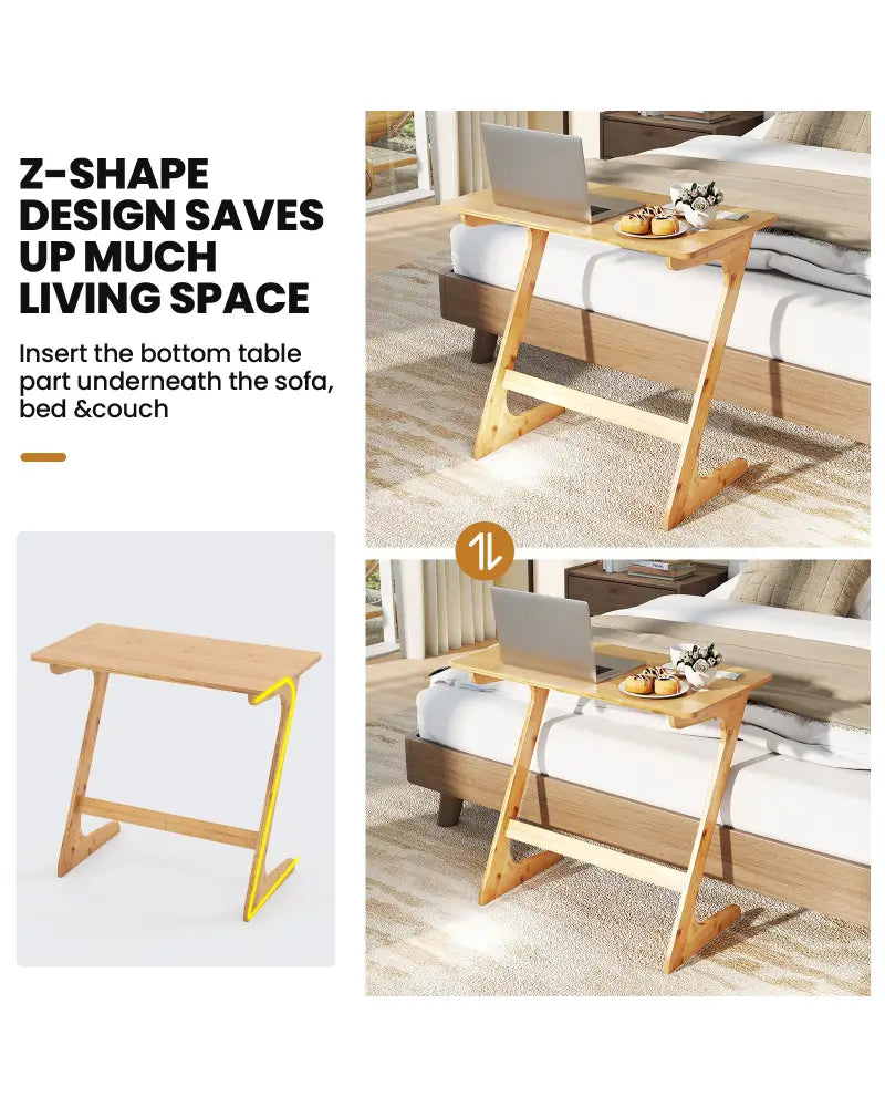 Bamboo Z-Shaped Spacious Sofa Side Table with Space-Saving Tabletop-Natural - Natural - End & Side Tables