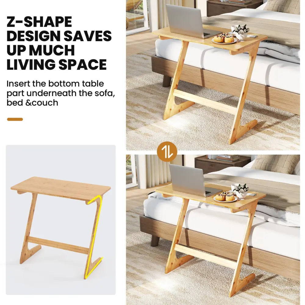 Bamboo Z-Shaped Spacious Sofa Side Table with Space-Saving Tabletop-Natural - Natural - End & Side Tables