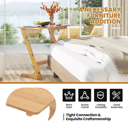 Bamboo Z-Shaped Spacious Sofa Side Table with Space-Saving Tabletop-Natural - Natural - End & Side Tables