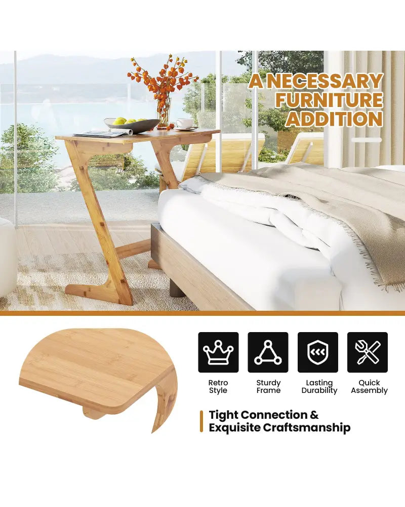 Bamboo Z-Shaped Spacious Sofa Side Table with Space-Saving Tabletop-Natural - Natural - End & Side Tables