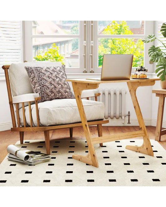 Bamboo Z-Shaped Spacious Sofa Side Table with Space-Saving Tabletop-Natural - Natural - End & Side Tables