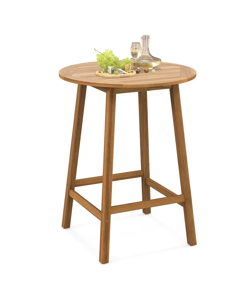 Bar Height Table with Umbrella Hole and Slatted Tabletop for Outdoors - Natural - Patio Bar Furniture