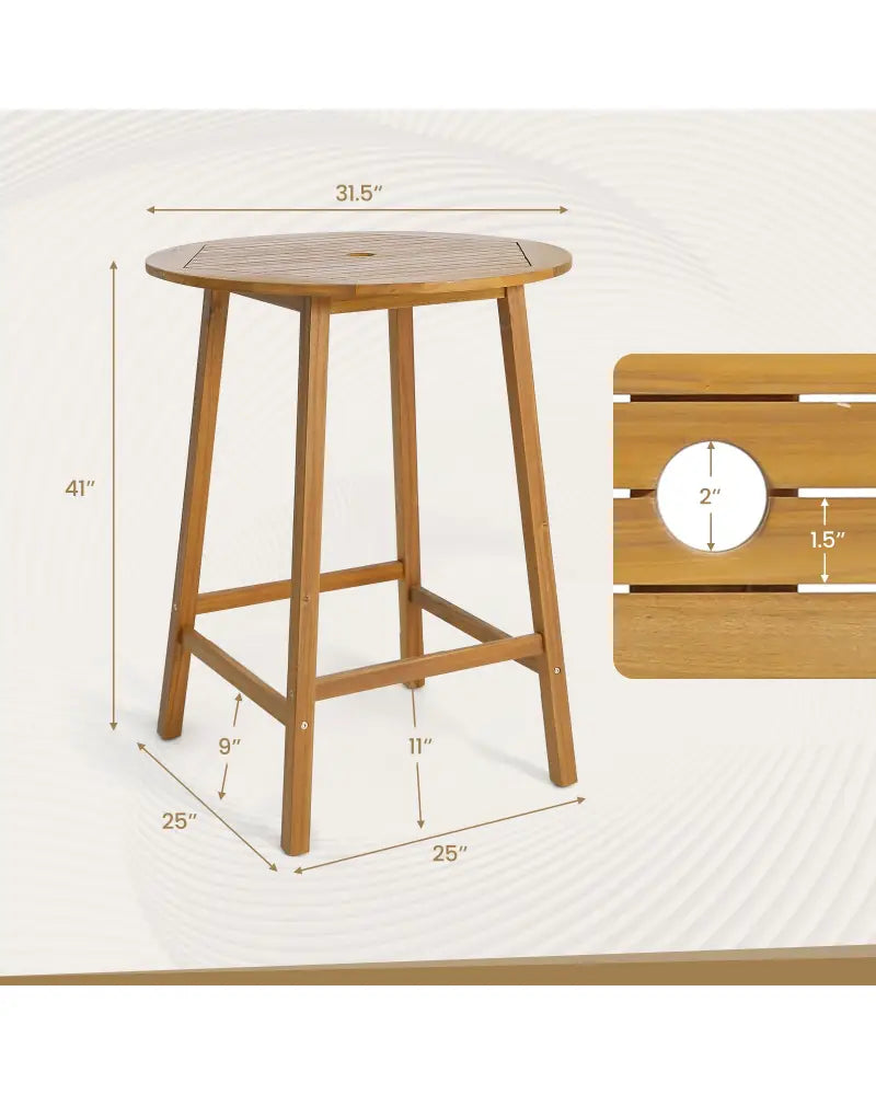 Bar Height Table with Umbrella Hole and Slatted Tabletop for Outdoors - Natural - Patio Bar Furniture
