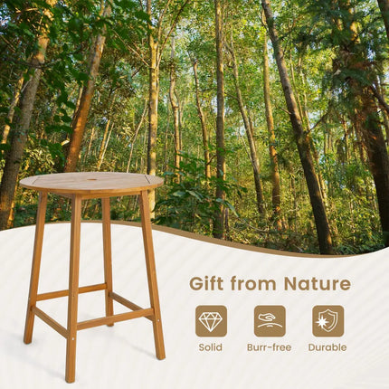 Bar Height Table with Umbrella Hole and Slatted Tabletop for Outdoors - Natural - Patio Coffee Tables