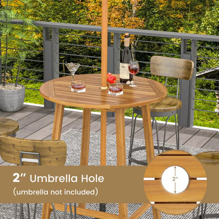 Bar Height Table with Umbrella Hole and Slatted Tabletop for Outdoors - Natural - Patio Coffee Tables