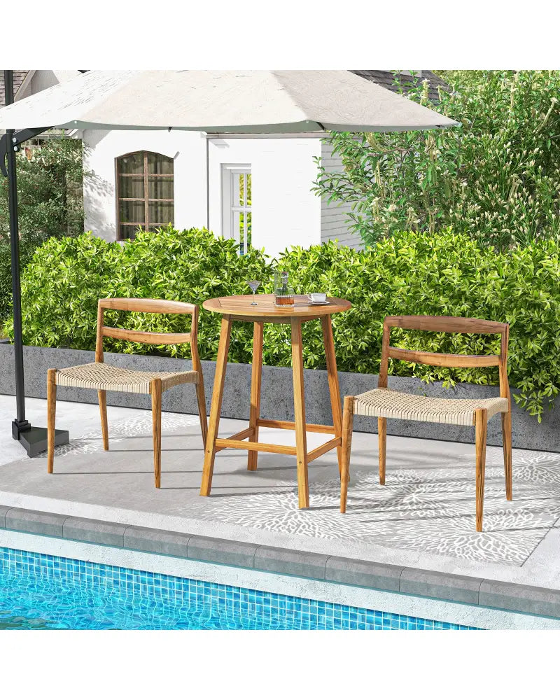 Bar Height Table with Umbrella Hole and Slatted Tabletop for Outdoors - Natural - Patio Bar Furniture