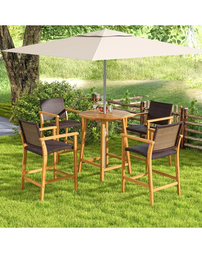 Bar Height Table with Umbrella Hole and Slatted Tabletop for Outdoors - Natural - Patio Bar Furniture