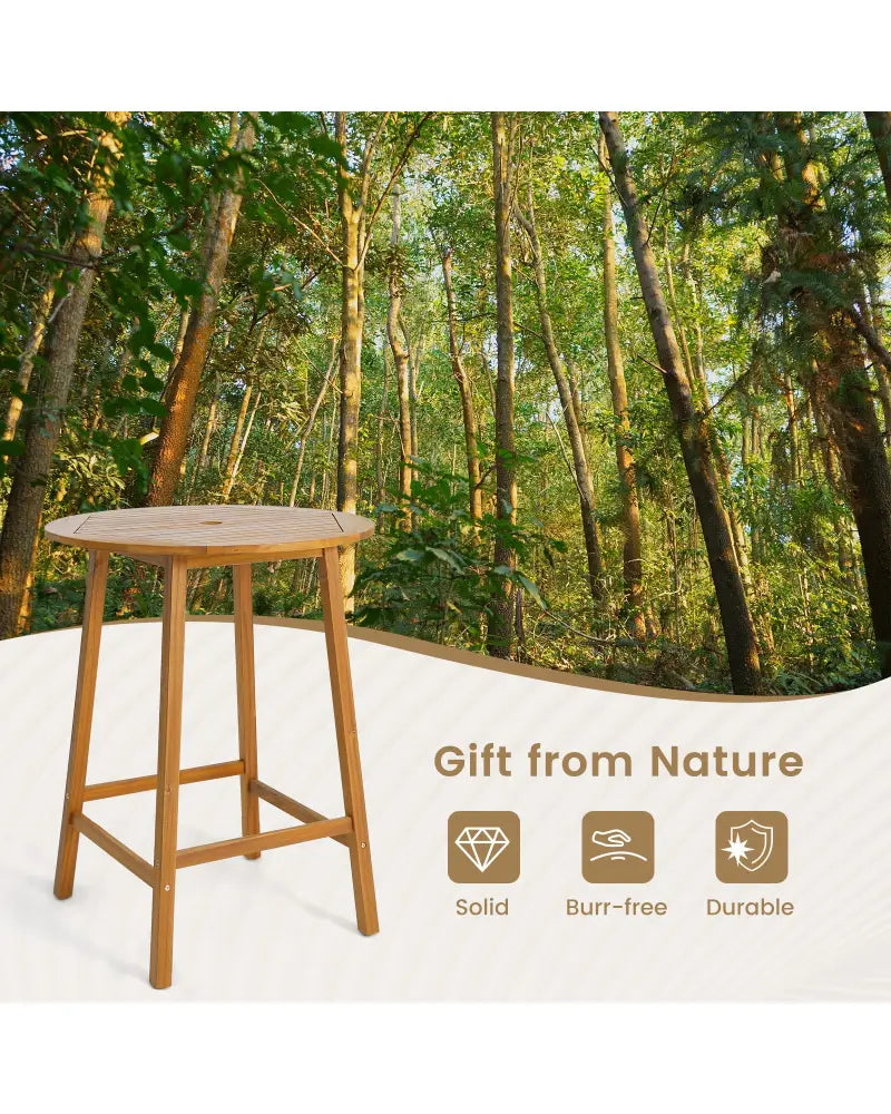 Bar Height Table with Umbrella Hole and Slatted Tabletop for Outdoors - Natural - Patio Bar Furniture