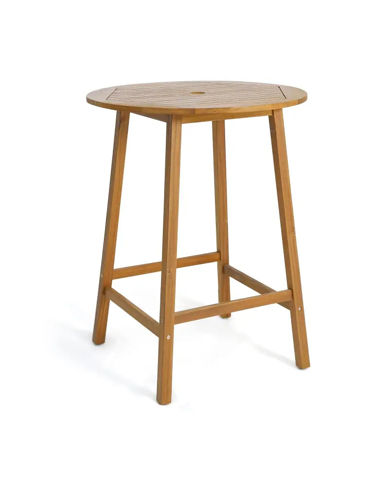 Bar Height Table with Umbrella Hole and Slatted Tabletop for Outdoors - Natural - Patio Bar Furniture