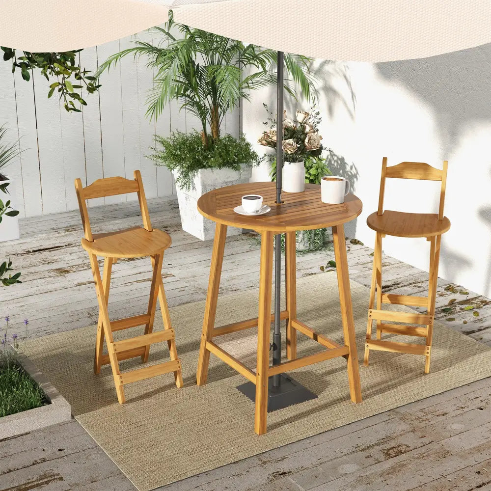 Bar Height Table with Umbrella Hole and Slatted Tabletop for Outdoors - Natural - Patio Coffee Tables
