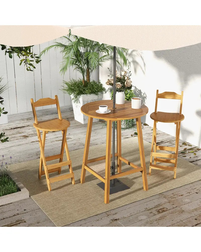 Bar Height Table with Umbrella Hole and Slatted Tabletop for Outdoors - Natural - Patio Bar Furniture