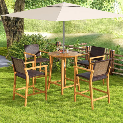 Bar Height Table with Umbrella Hole and Slatted Tabletop for Outdoors - Natural - Patio Coffee Tables
