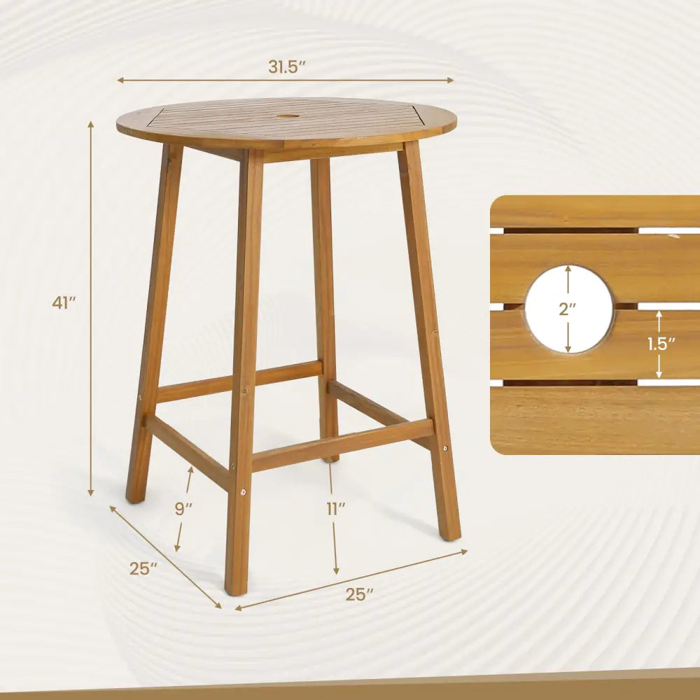 Bar Height Table with Umbrella Hole and Slatted Tabletop for Outdoors - Natural - Patio Coffee Tables