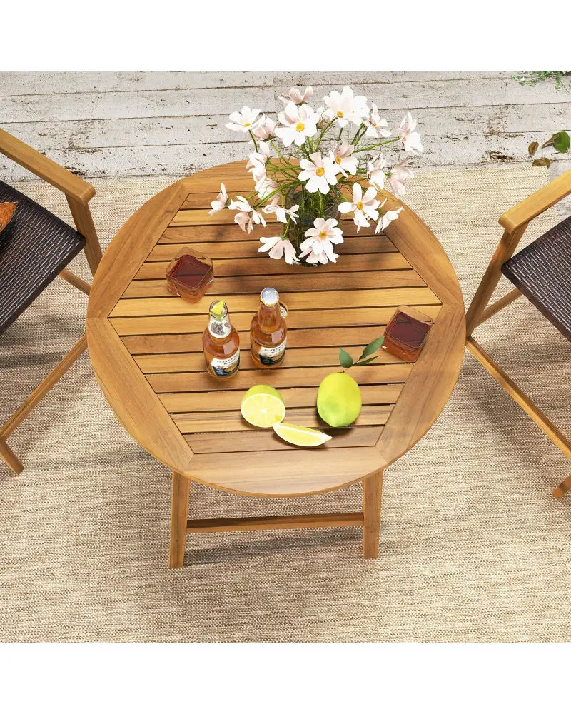 Bar Height Table with Umbrella Hole and Slatted Tabletop for Outdoors - Natural - Patio Bar Furniture