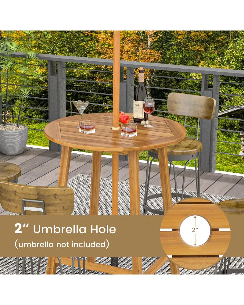 Bar Height Table with Umbrella Hole and Slatted Tabletop for Outdoors - Natural - Patio Bar Furniture