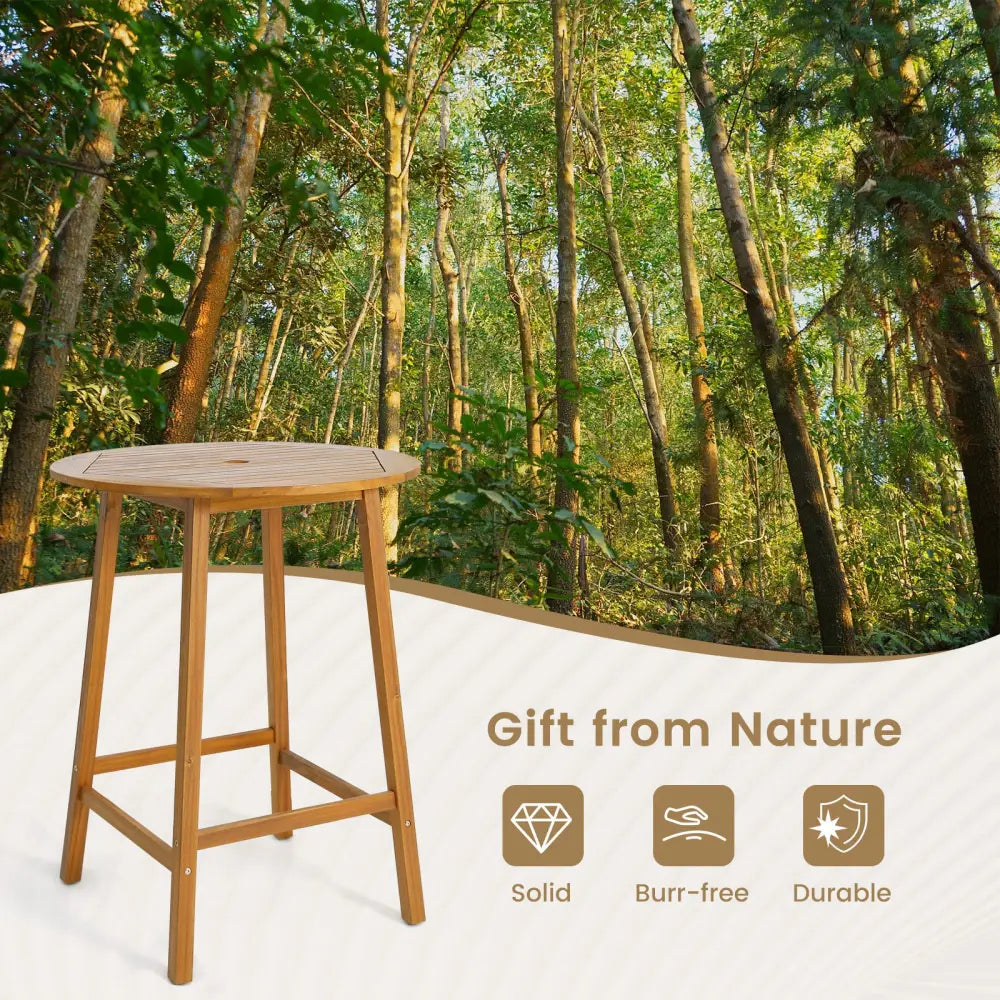 Bar Height Table with Umbrella Hole and Slatted Tabletop for Outdoors - Natural - Patio Coffee Tables