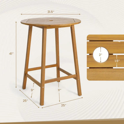 Bar Height Table with Umbrella Hole and Slatted Tabletop for Outdoors - Natural - Patio Coffee Tables