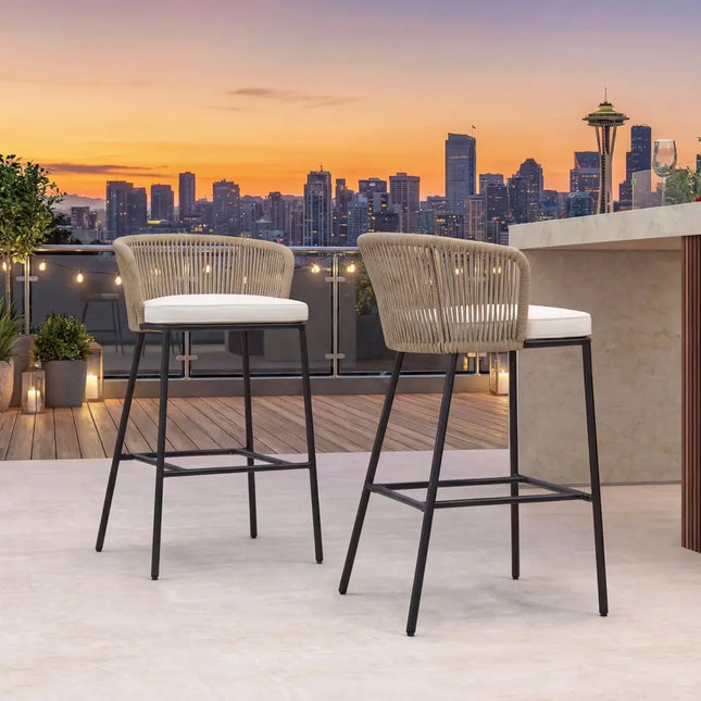 Bar Height Woven Rope Patio Chairs Set of 2-White - White - Patio Bar Furniture