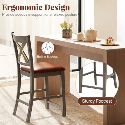 Bar Stools Set of 2 with Cross Back and Faux Leather Upholstered Seat-Gray - Gray - Bar Stools