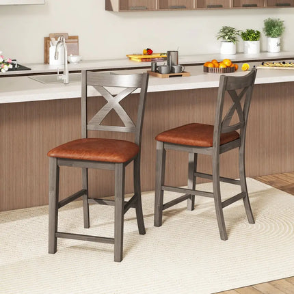 Bar Stools Set of 2 with Cross Back and Faux Leather Upholstered Seat-Gray - Gray - Bar Stools