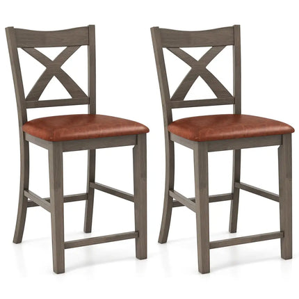 Bar Stools Set of 2 with Cross Back and Faux Leather Upholstered Seat-Gray - Gray - Bar Stools