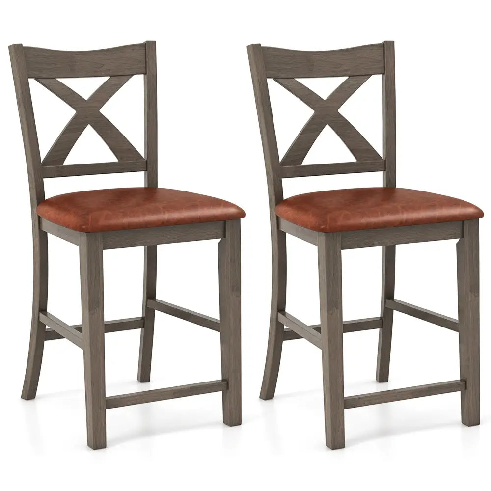 Bar Stools Set of 2 with Cross Back and Faux Leather Upholstered Seat-Gray - Gray - Bar Stools