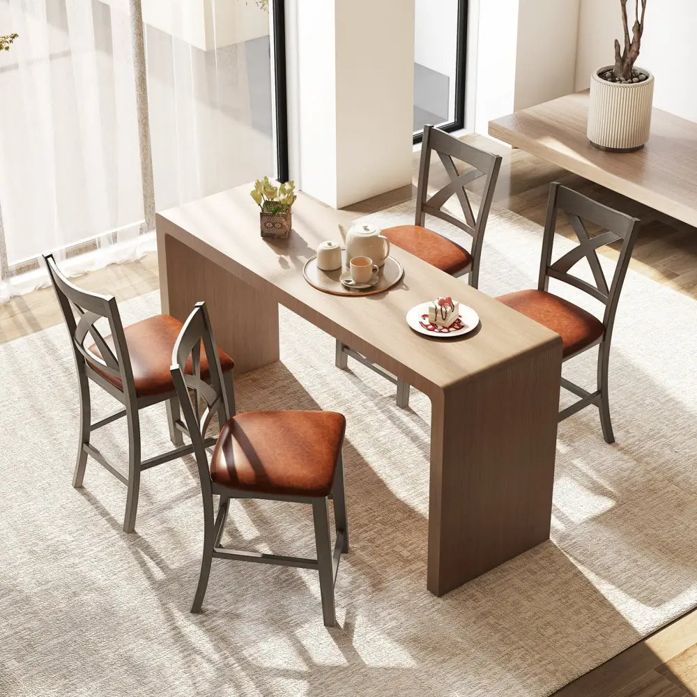 Bar Stools Set of 2 with Cross Back and Faux Leather Upholstered Seat-Gray - Gray - Bar Stools