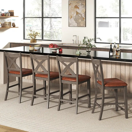 Bar Stools Set of 2 with Cross Back and Faux Leather Upholstered Seat-Gray - Gray - Bar Stools