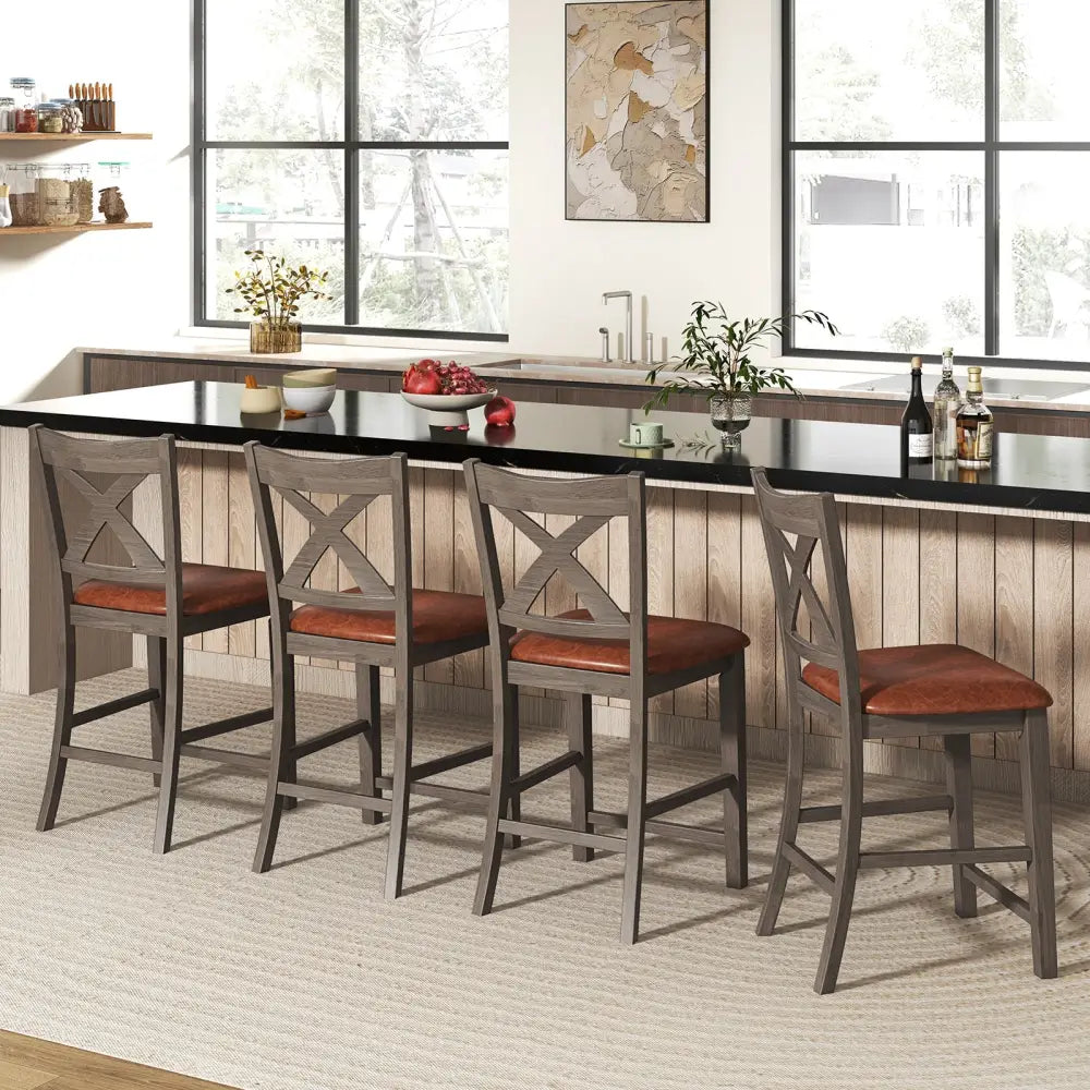 Bar Stools Set of 2 with Cross Back and Faux Leather Upholstered Seat-Gray - Gray - Bar Stools