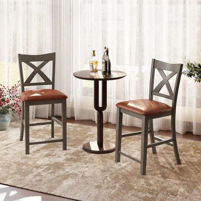 Bar Stools Set of 2 with Cross Back and Faux Leather Upholstered Seat-Gray - Gray - Bar Stools