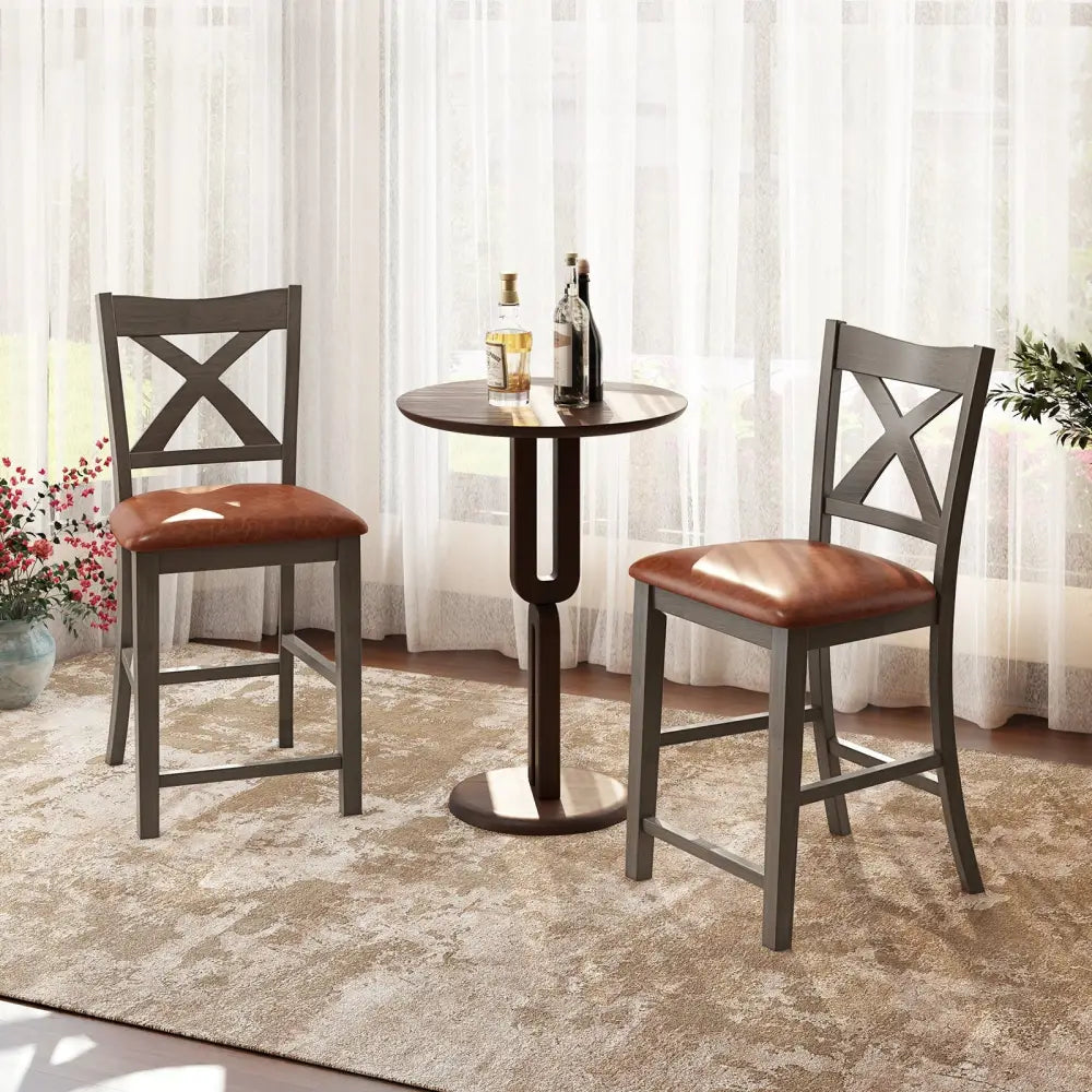 Bar Stools Set of 2 with Cross Back and Faux Leather Upholstered Seat-Gray - Gray - Bar Stools
