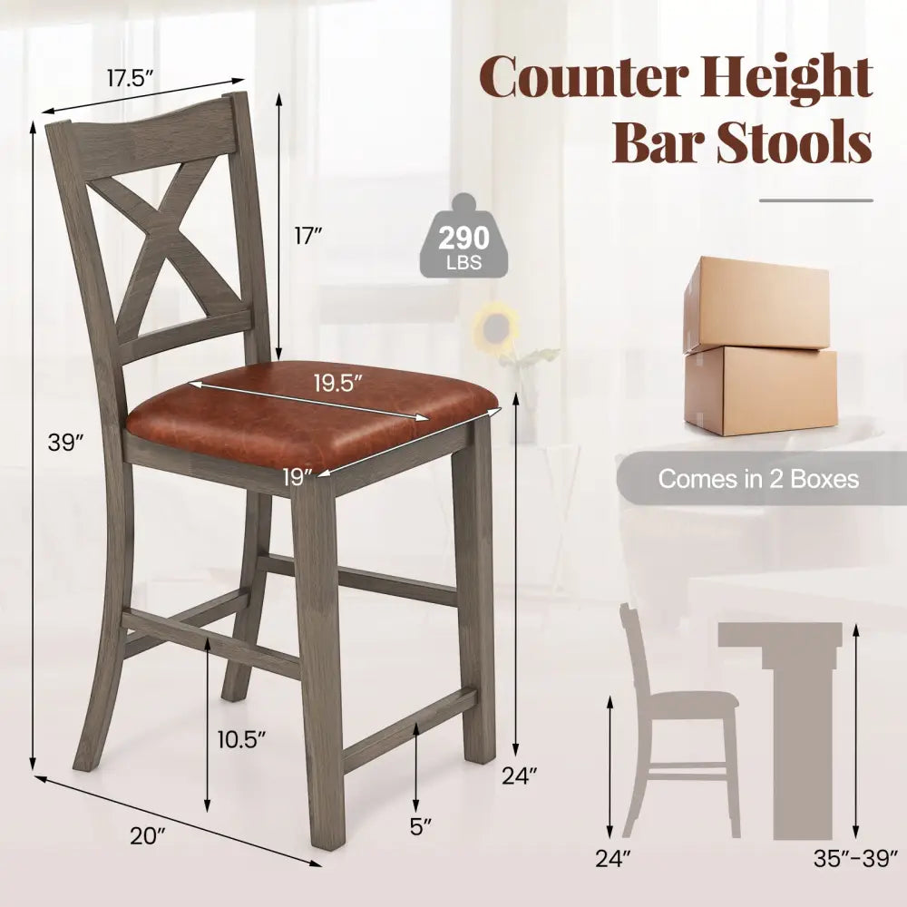 Bar Stools Set of 2 with Cross Back and Faux Leather Upholstered Seat-Gray - Gray - Bar Stools