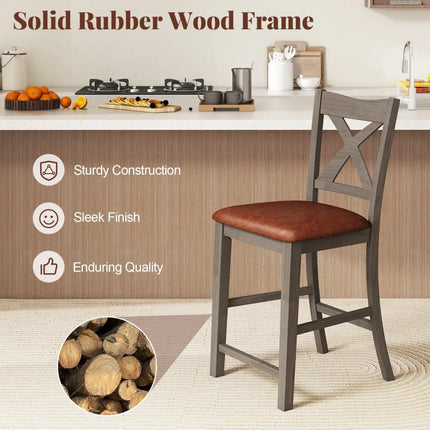 Bar Stools Set of 2 with Cross Back and Faux Leather Upholstered Seat-Gray - Gray - Bar Stools