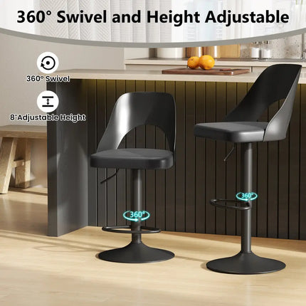 Bar Stools Set of 2 with Enlarged PU Leather Seat and Footrest-Black - Black - Bar Stools