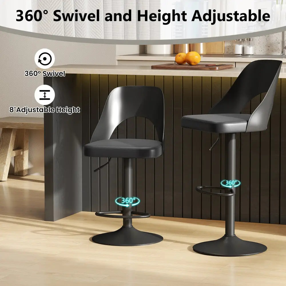 Bar Stools Set of 2 with Enlarged PU Leather Seat and Footrest-Black - Black - Bar Stools