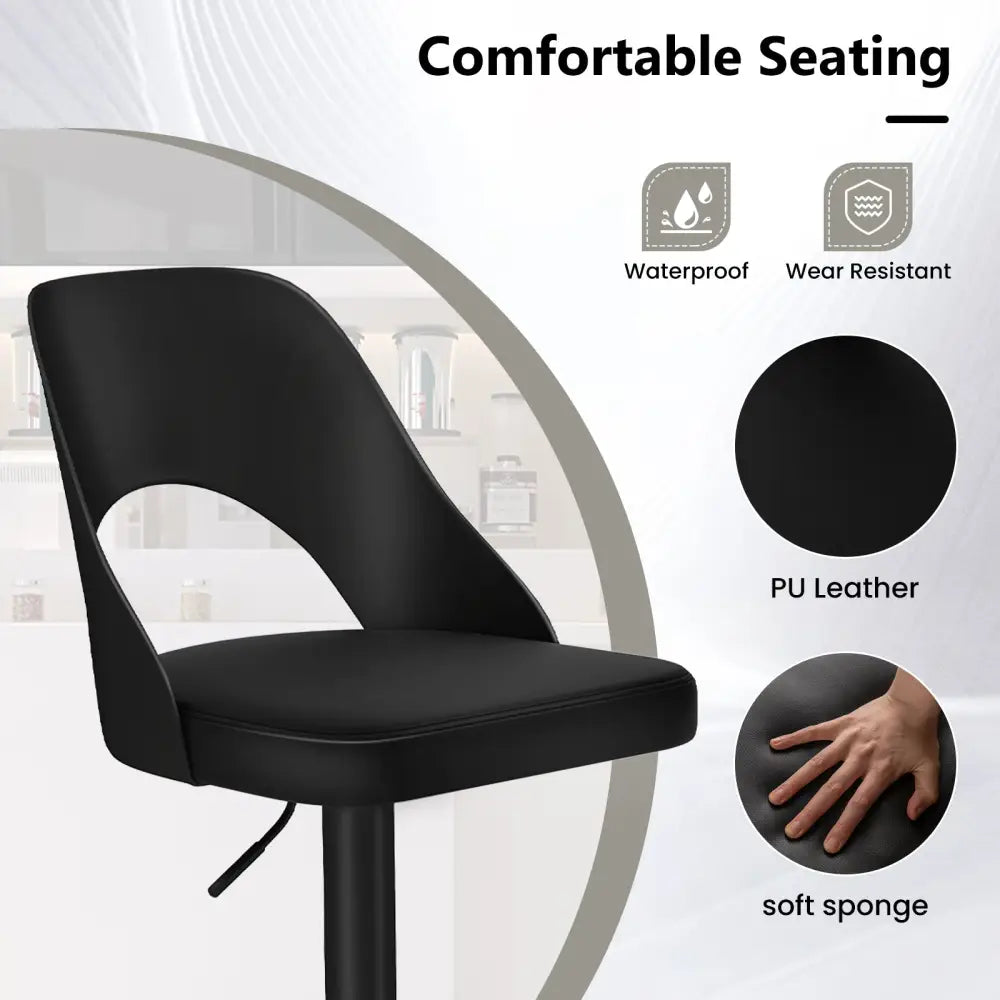 Bar Stools Set of 2 with Enlarged PU Leather Seat and Footrest-Black - Black - Bar Stools