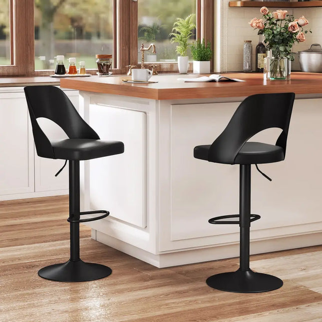 Bar Stools Set of 2 with Enlarged PU Leather Seat and Footrest-Black - Black - Bar Stools