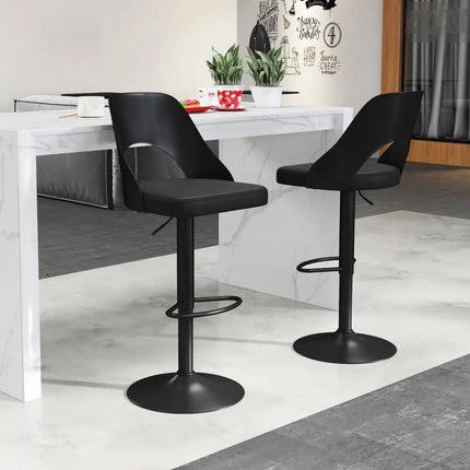 Bar Stools Set of 2 with Enlarged PU Leather Seat and Footrest-Black - Black - Bar Stools