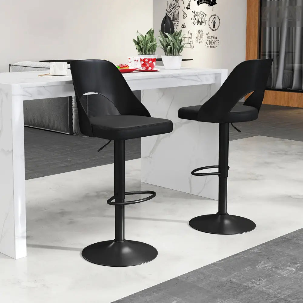 Bar Stools Set of 2 with Enlarged PU Leather Seat and Footrest-Black - Black - Bar Stools