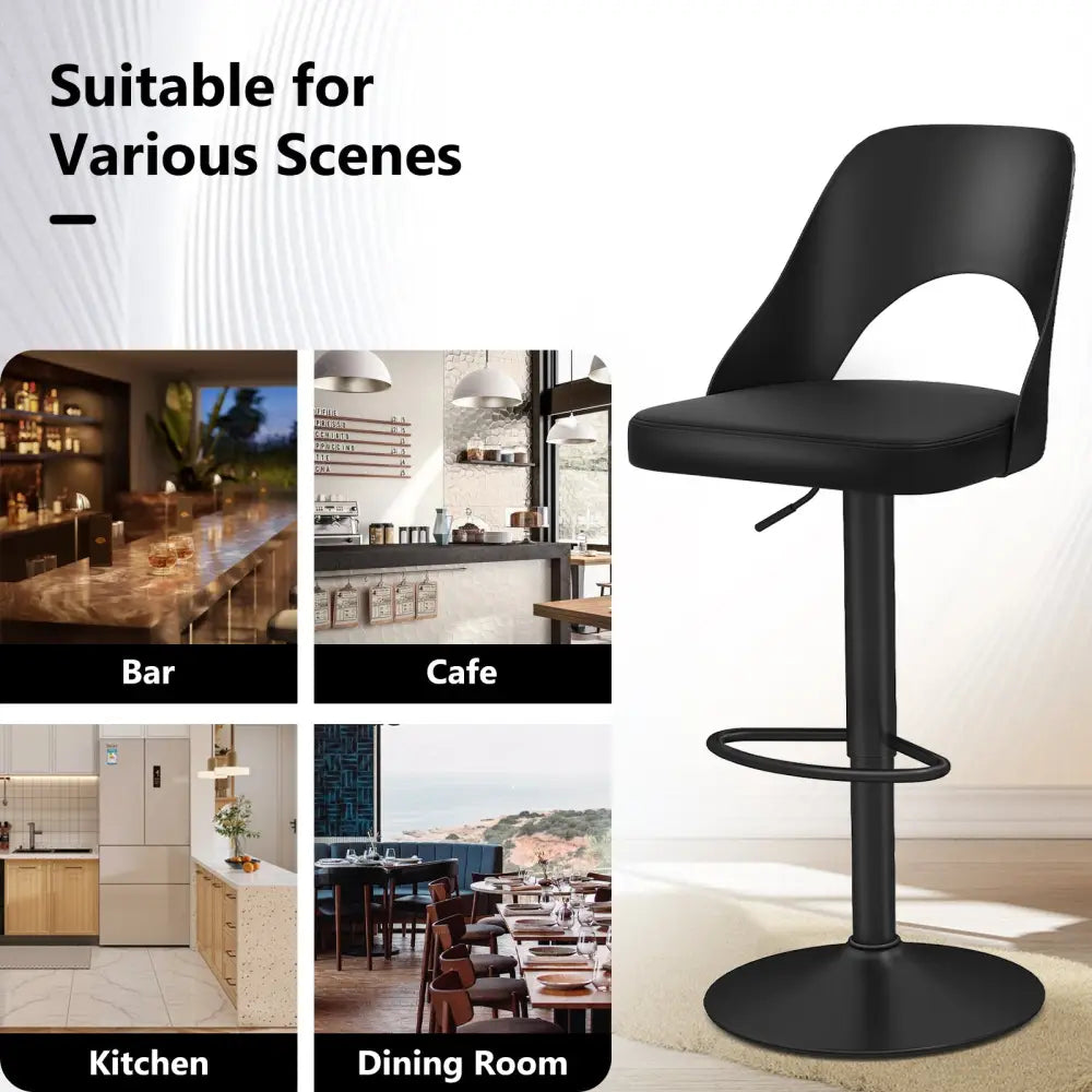 Bar Stools Set of 2 with Enlarged PU Leather Seat and Footrest-Black - Black - Bar Stools