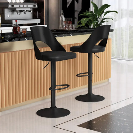 Bar Stools Set of 2 with Enlarged PU Leather Seat and Footrest-Black - Black - Bar Stools