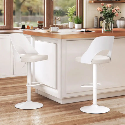 Bar Stools Set of 2 with Enlarged PU Leather Seat and Footrest-White - White - Bar Stools