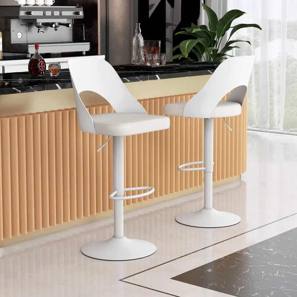 Bar Stools Set of 2 with Enlarged PU Leather Seat and Footrest-White - White - Bar Stools