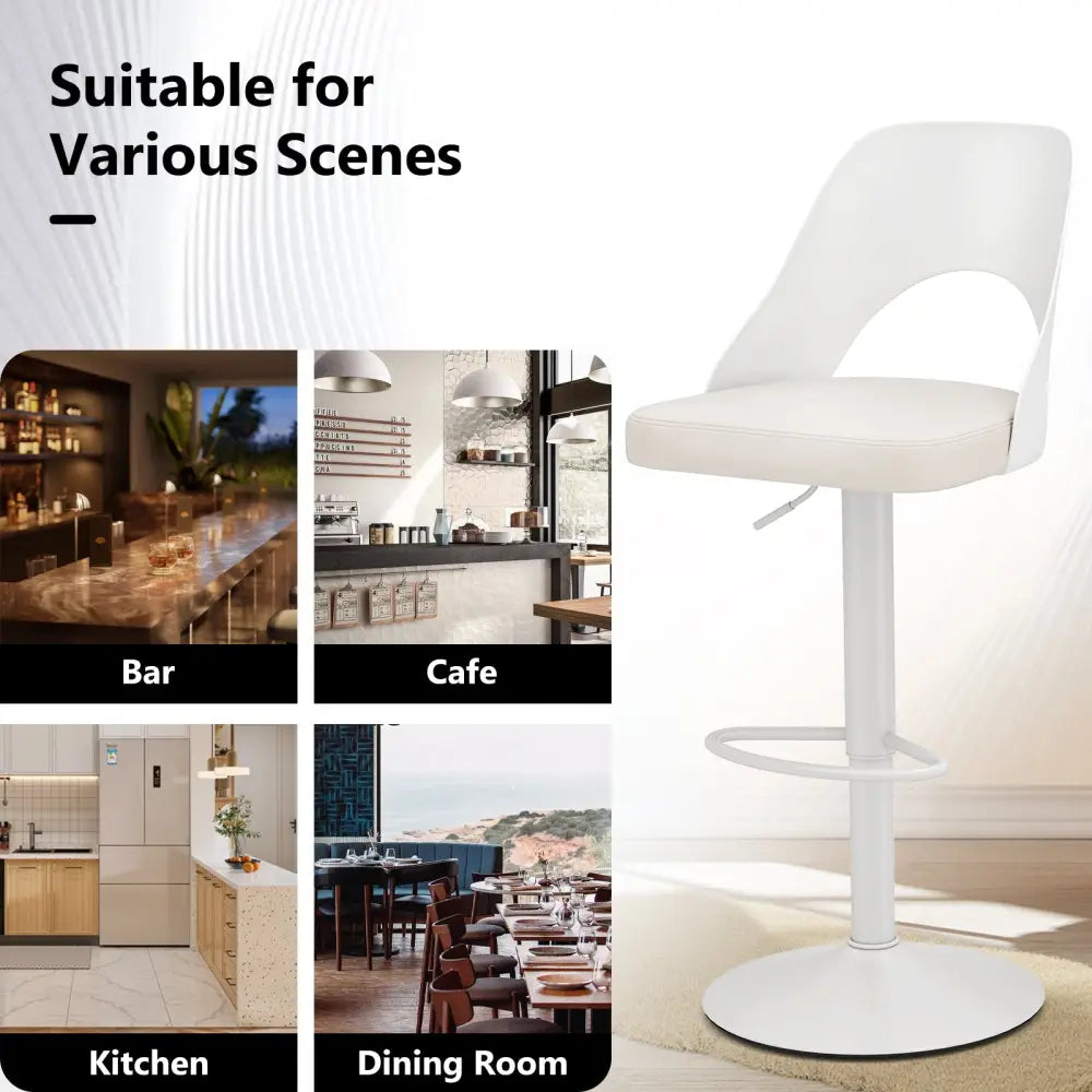 Bar Stools Set of 2 with Enlarged PU Leather Seat and Footrest-White - White - Bar Stools