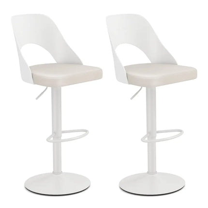 Bar Stools Set of 2 with Enlarged PU Leather Seat and Footrest-White - White - Bar Stools